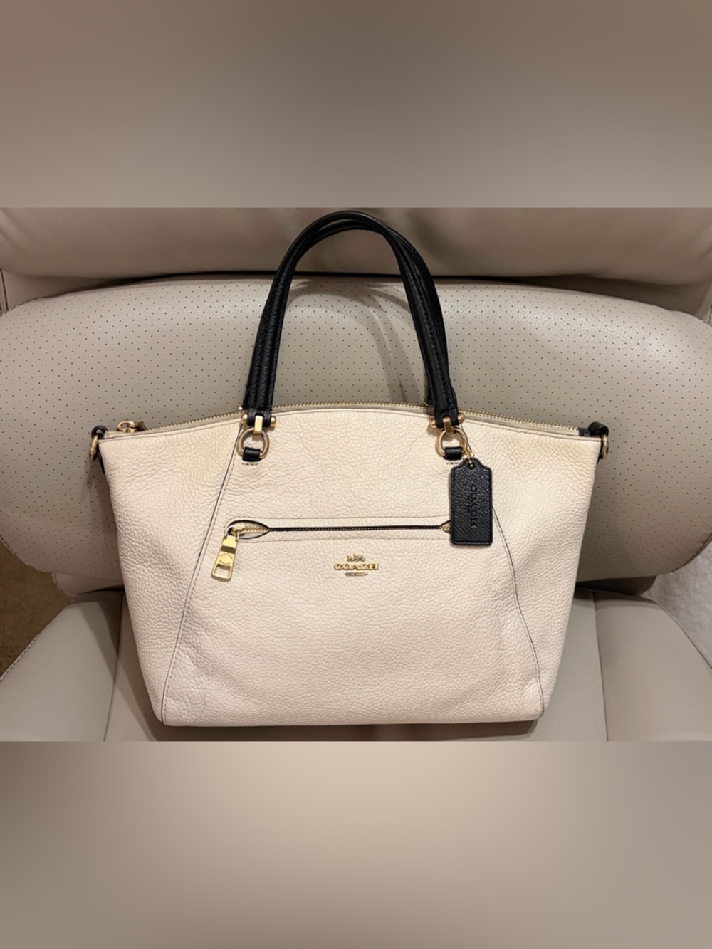 Coach Two-Tone Pebbled Leather Prairie Satchel in Chalk and Black